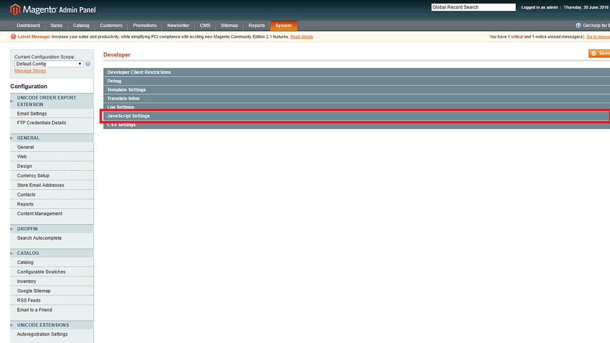 Magento JavaScript Settings